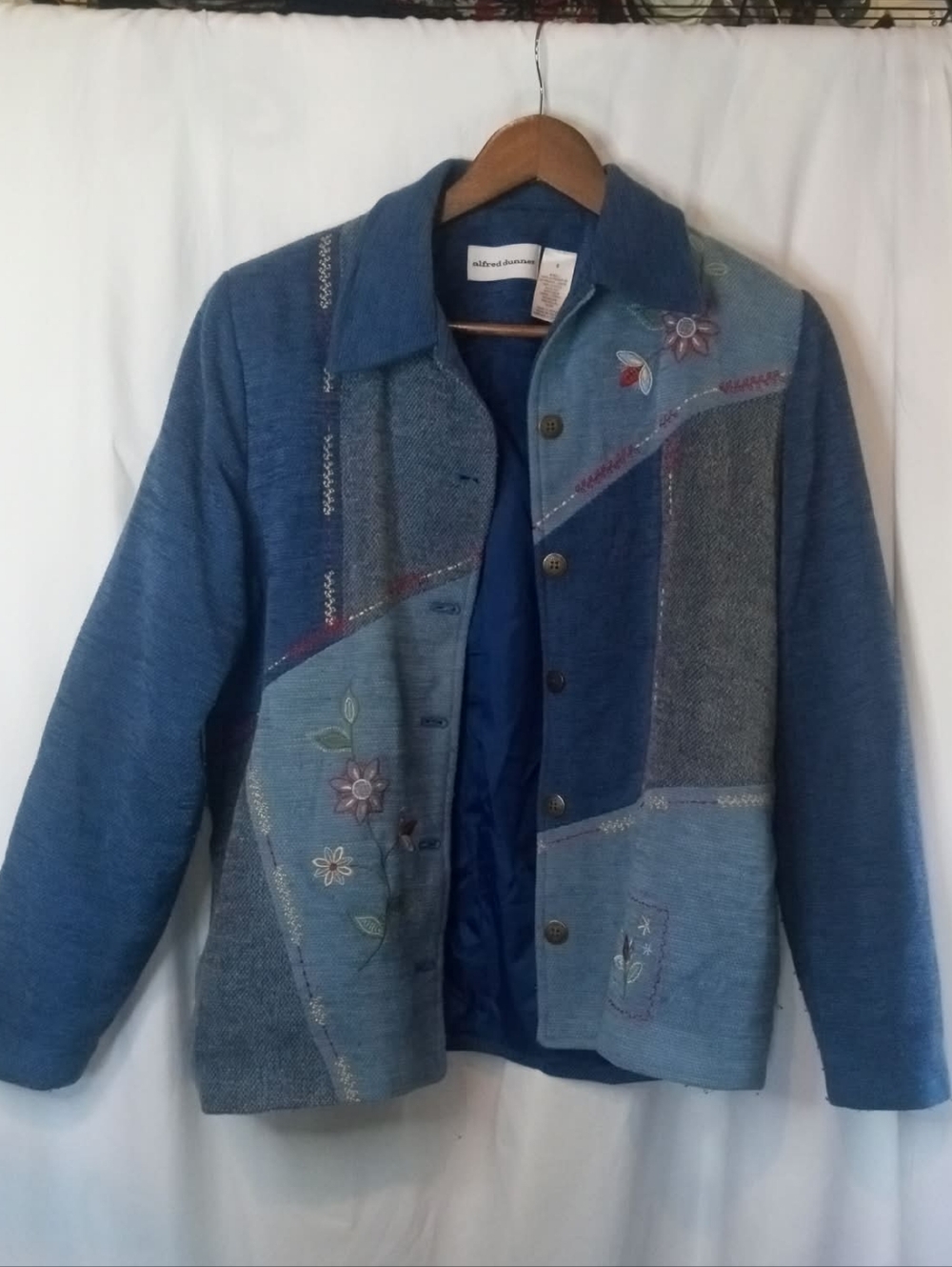 Alfred Dunner Small Momcore Cat Lady Vintage Blue Textured Patchwork Jacket